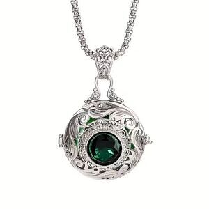 Metaphysical Carved Locket Pendant Necklace Engraved Hollow Emerald Rhinestone